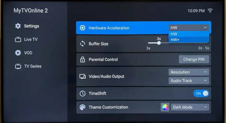 MYTVOnline settings screen showing playback and hardware-acceleration options