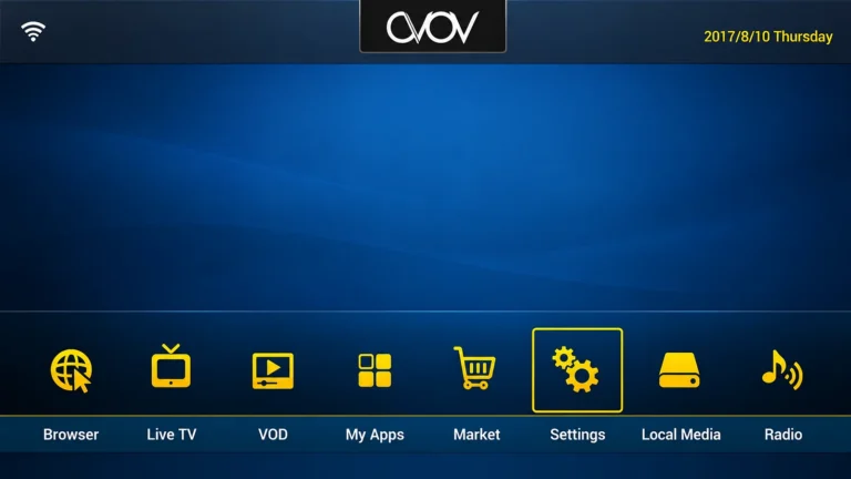 AVOV home screen with the Settings option visible