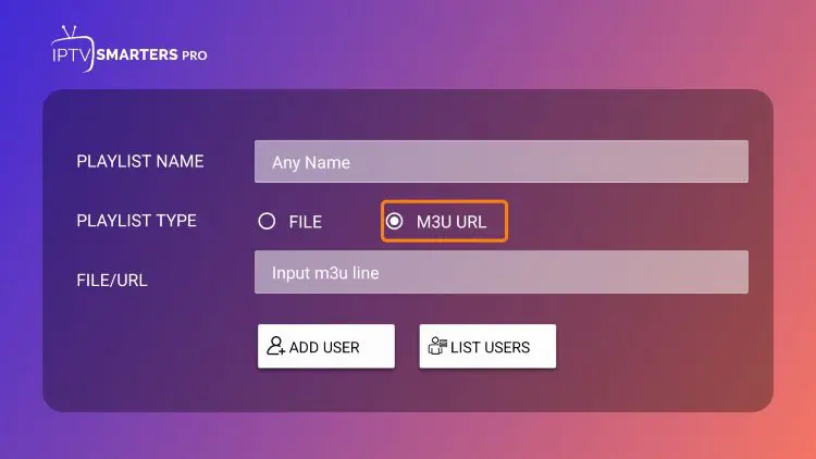IPTV player form with the M3U URL option selected