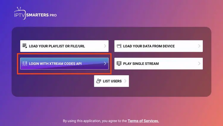 IPTV player login options showing Xtream Codes API