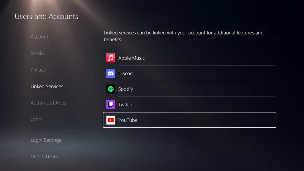 PS5 Settings screen showing Linked Services with YouTube selected