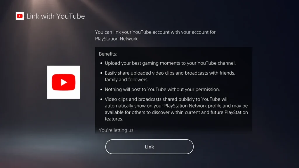 PS5 YouTube linking screen with the Link button
