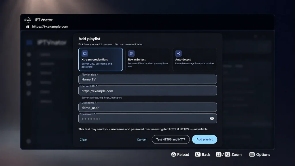 Web player Add playlist form with Xtream Codes fields