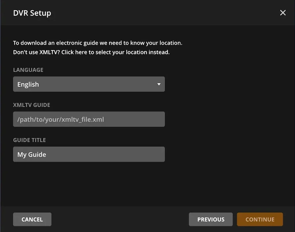 Plex DVR setup with an XMLTV guide field