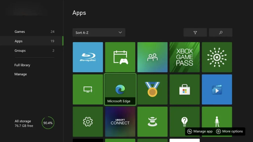 Xbox Apps screen with Microsoft Edge visible