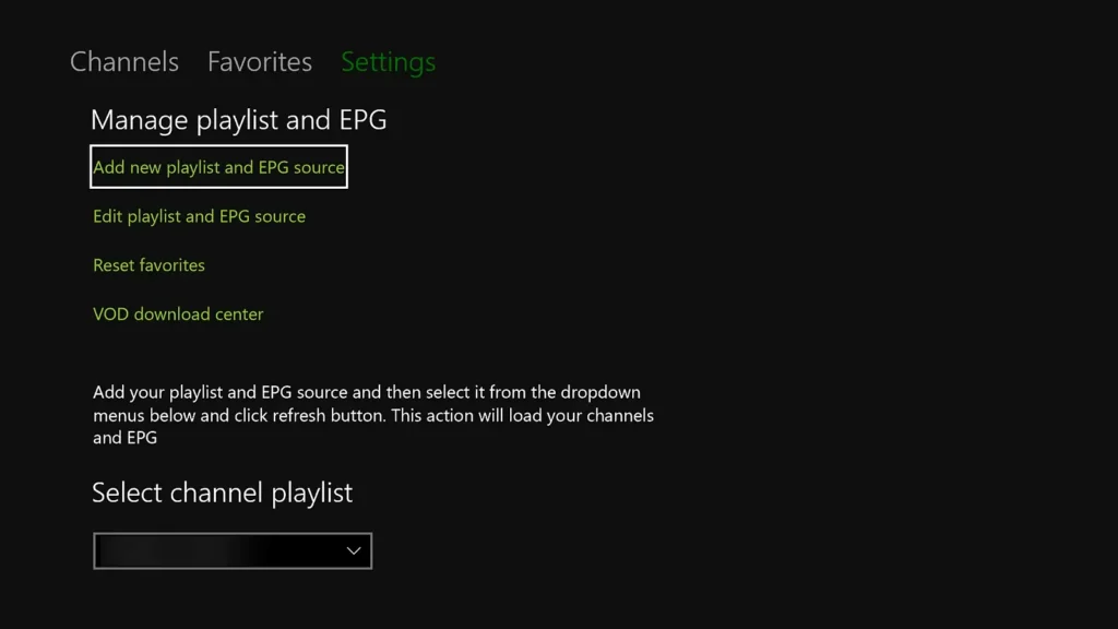 MyIPTV Player Xbox settings with Add new playlist and EPG source