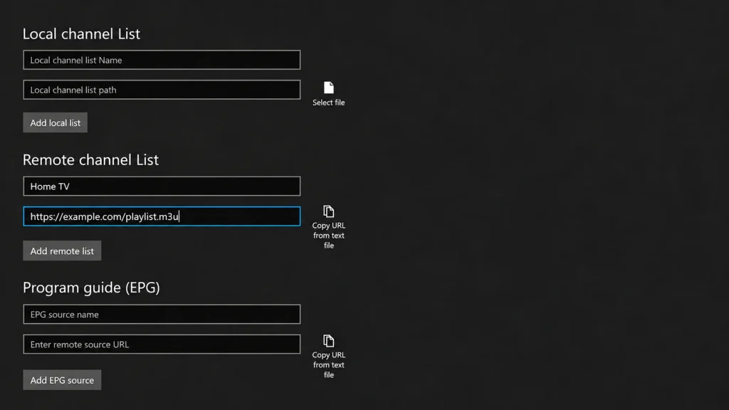 MyIPTV Player remote channel list form with an M3U field