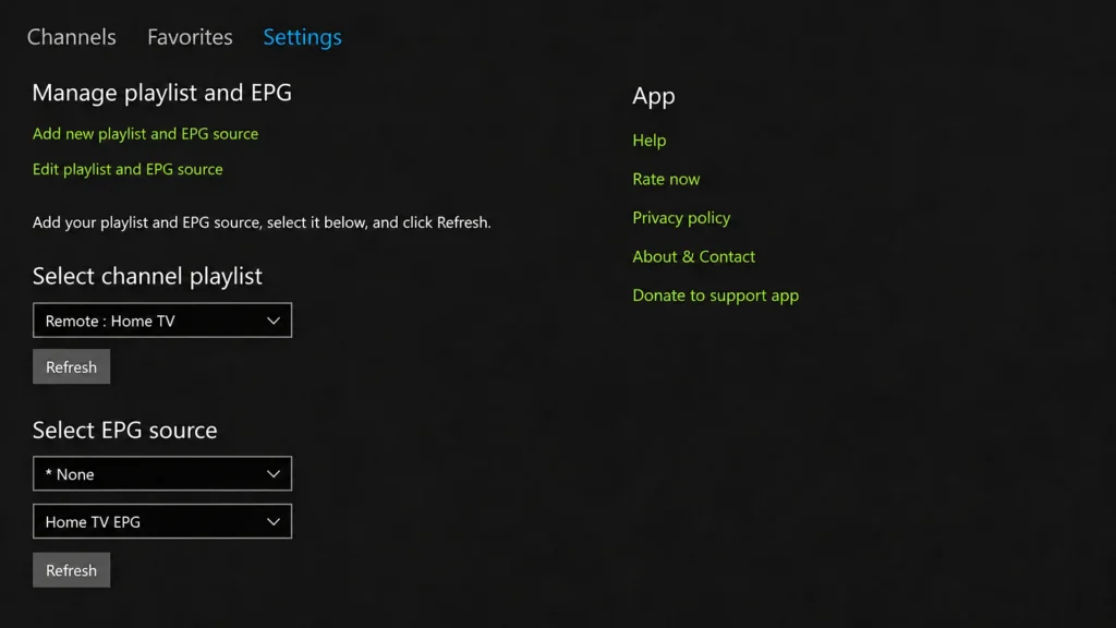 MyIPTV Player Xbox settings with playlist and EPG sources selected