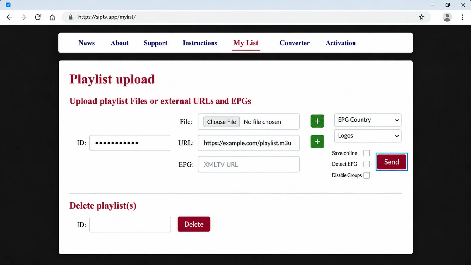 Example device-ID playlist upload form with M3U and EPG fields