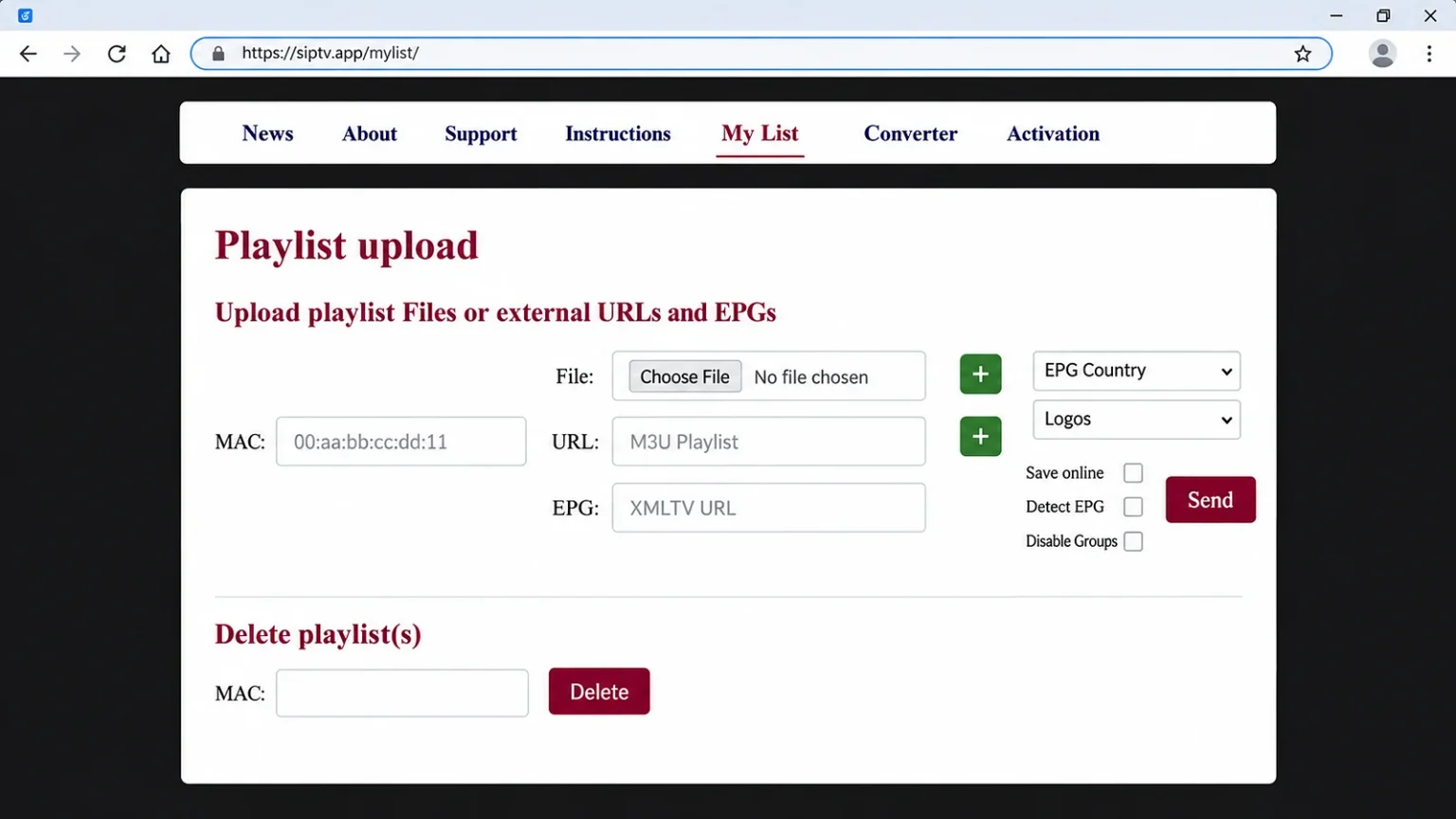 Example web playlist page for a device-ID linked IPTV player