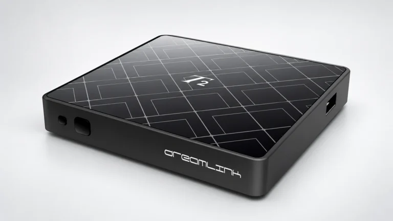 Dreamlink-style IPTV box and remote on a television stand