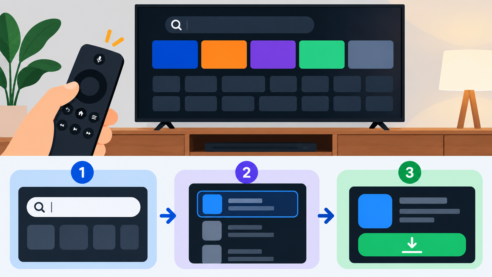 Illustration of searching for and installing a compatible Fire TV app