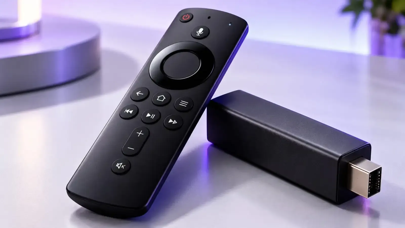 black streaming media player and remote control on a sleek surface.