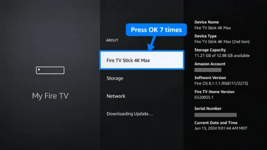 Fire TV About screen showing the device name and software details