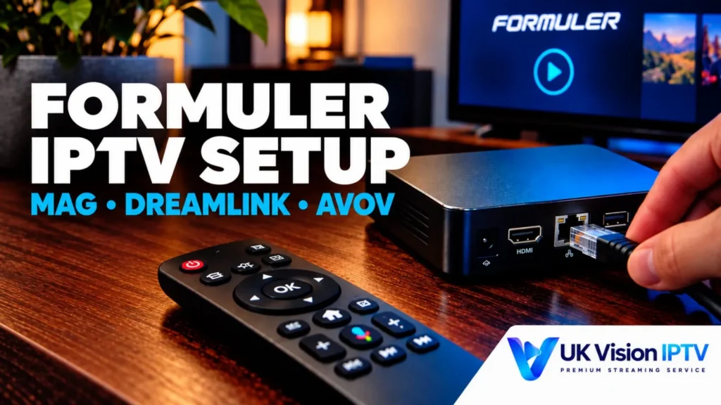 Formuler IPTV setup device with remote on wooden table.
