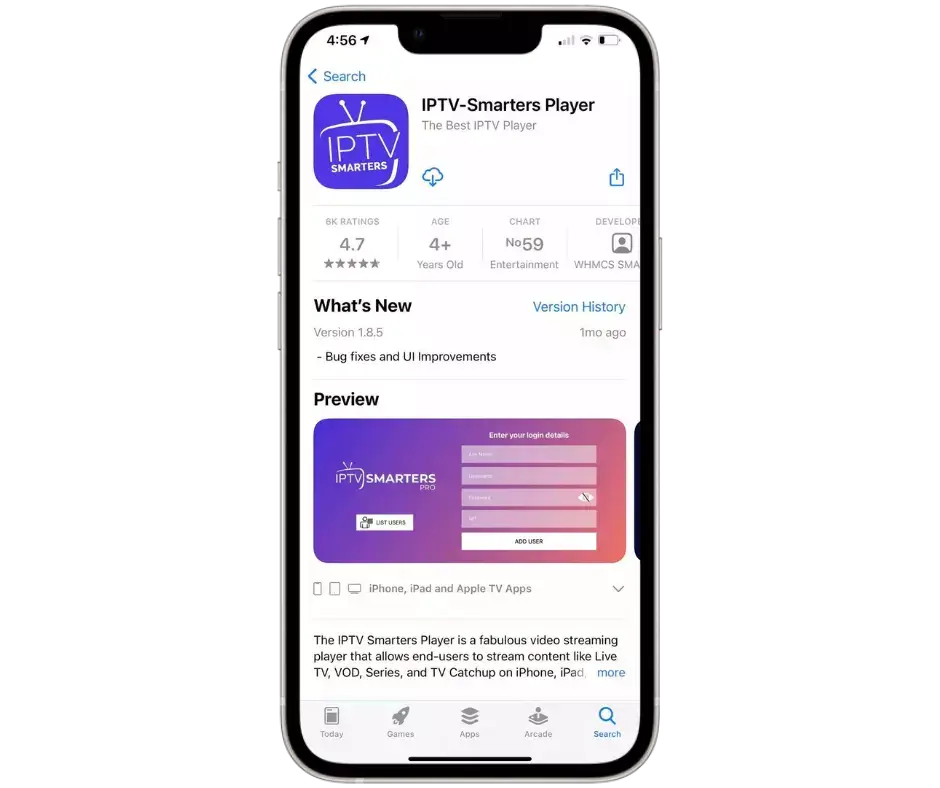 App Store listing for an IPTV player on iPhone