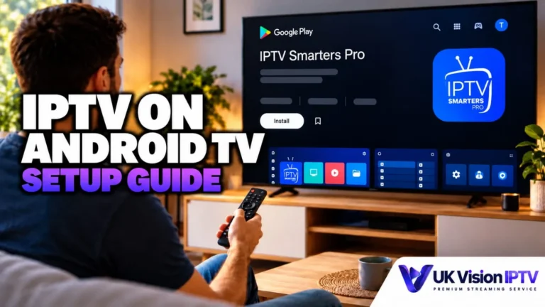 Person setting up IPTV on an Android TV with a remote control in hand.