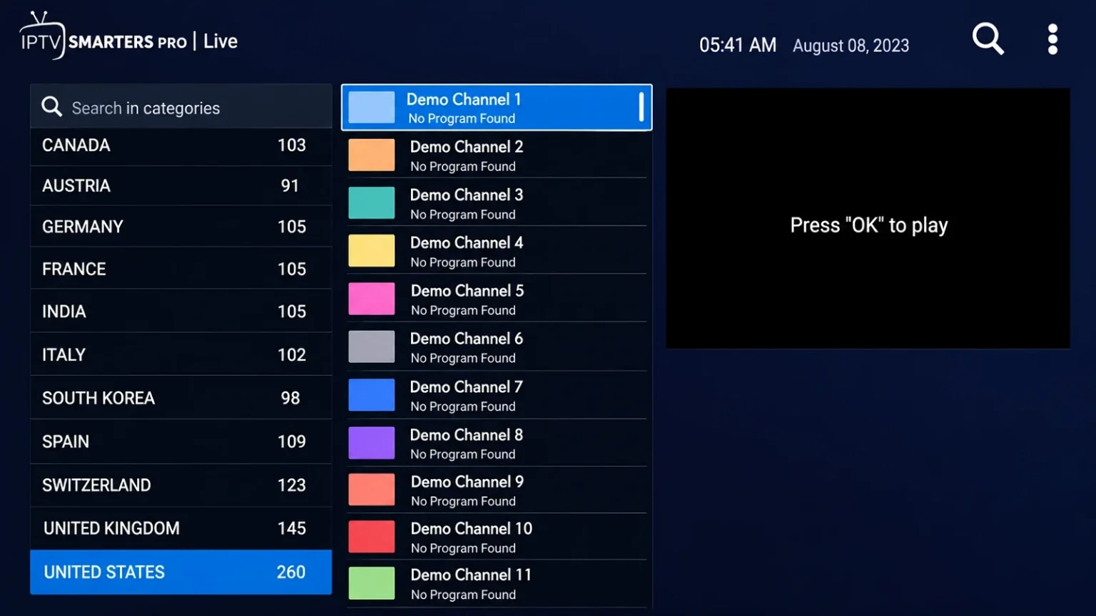 IPTV player channel list used to test live playback