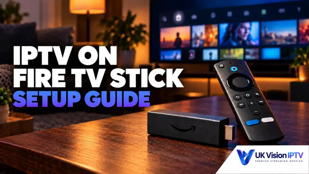 iPTV setup guide for Fire TV Stick with remote on a wooden table.