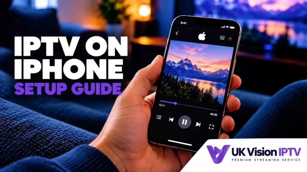 iPhone displaying IPTV setup guide with a nature scene in the app.