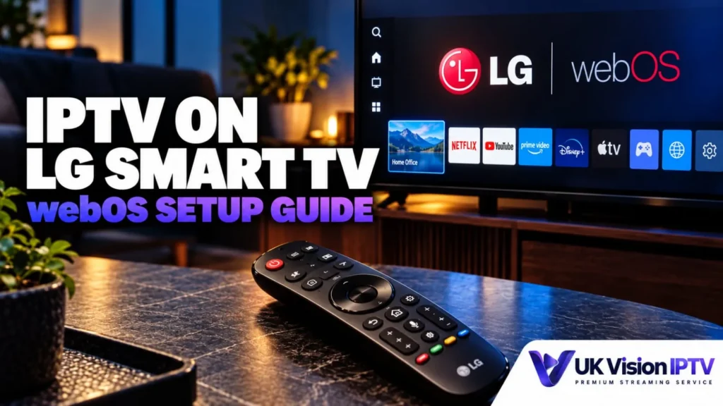 iPTV setup guide displayed on LG Smart TV screen with remote control.