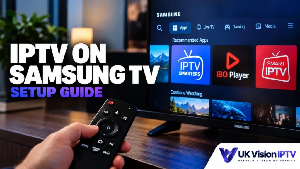 Samsung TV displaying IPTV setup guide with a remote control in hand.