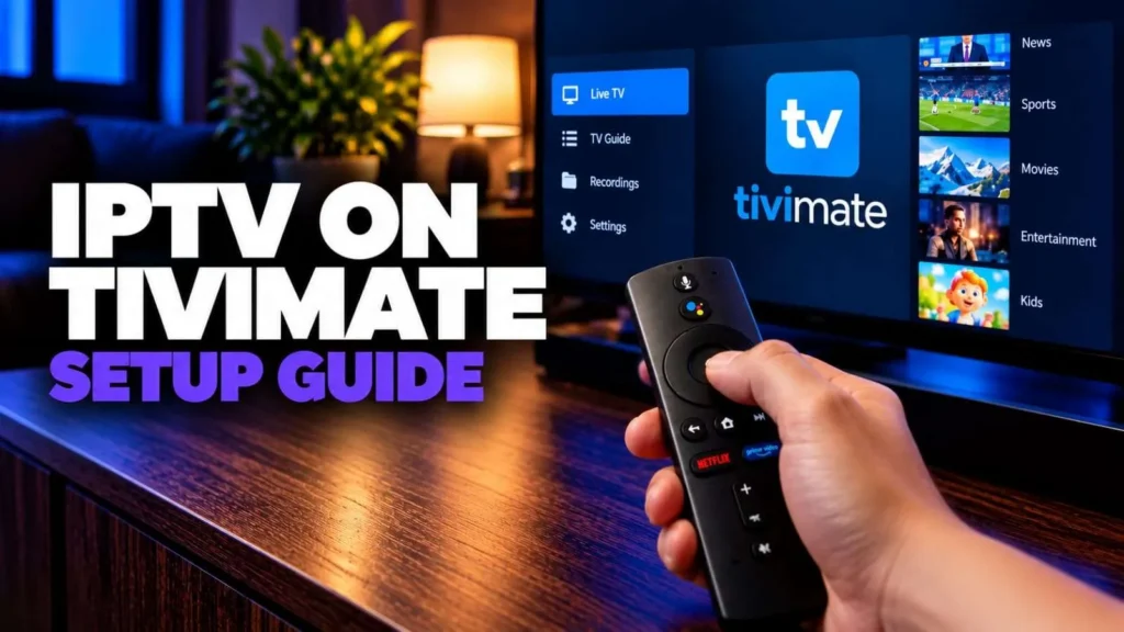 iPTV setup guide displayed on a TV screen with remote control in hand.