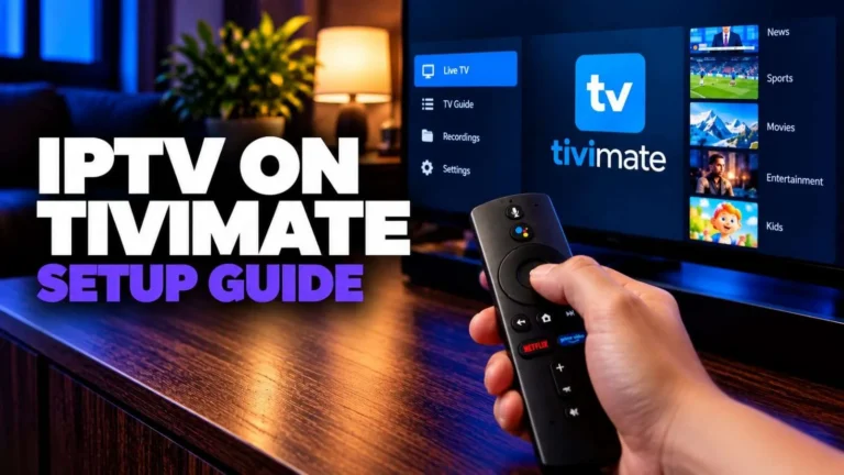 iPTV setup guide displayed on a TV screen with remote control in hand.