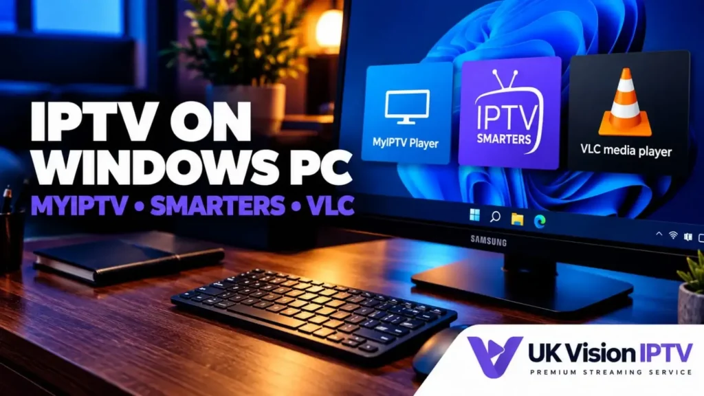 iPTV streaming service interface on a Windows PC monitor with various player icons.