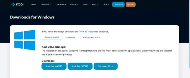 Kodi official Windows downloads page with installer options