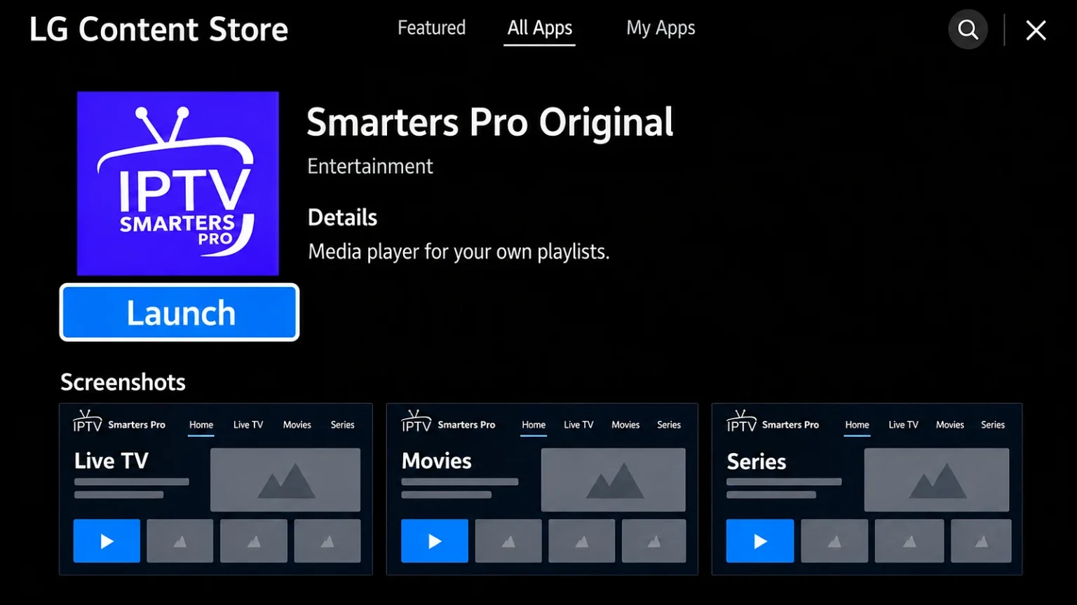 LG Content Store player listing with a Launch button