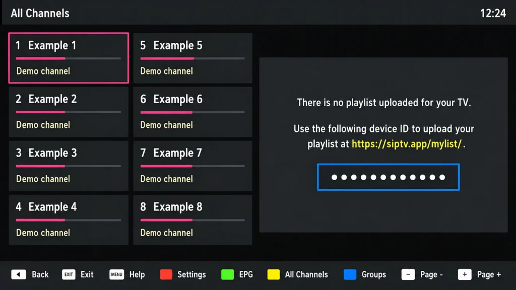 LG IPTV player screen showing a device ID for conditional playlist linking