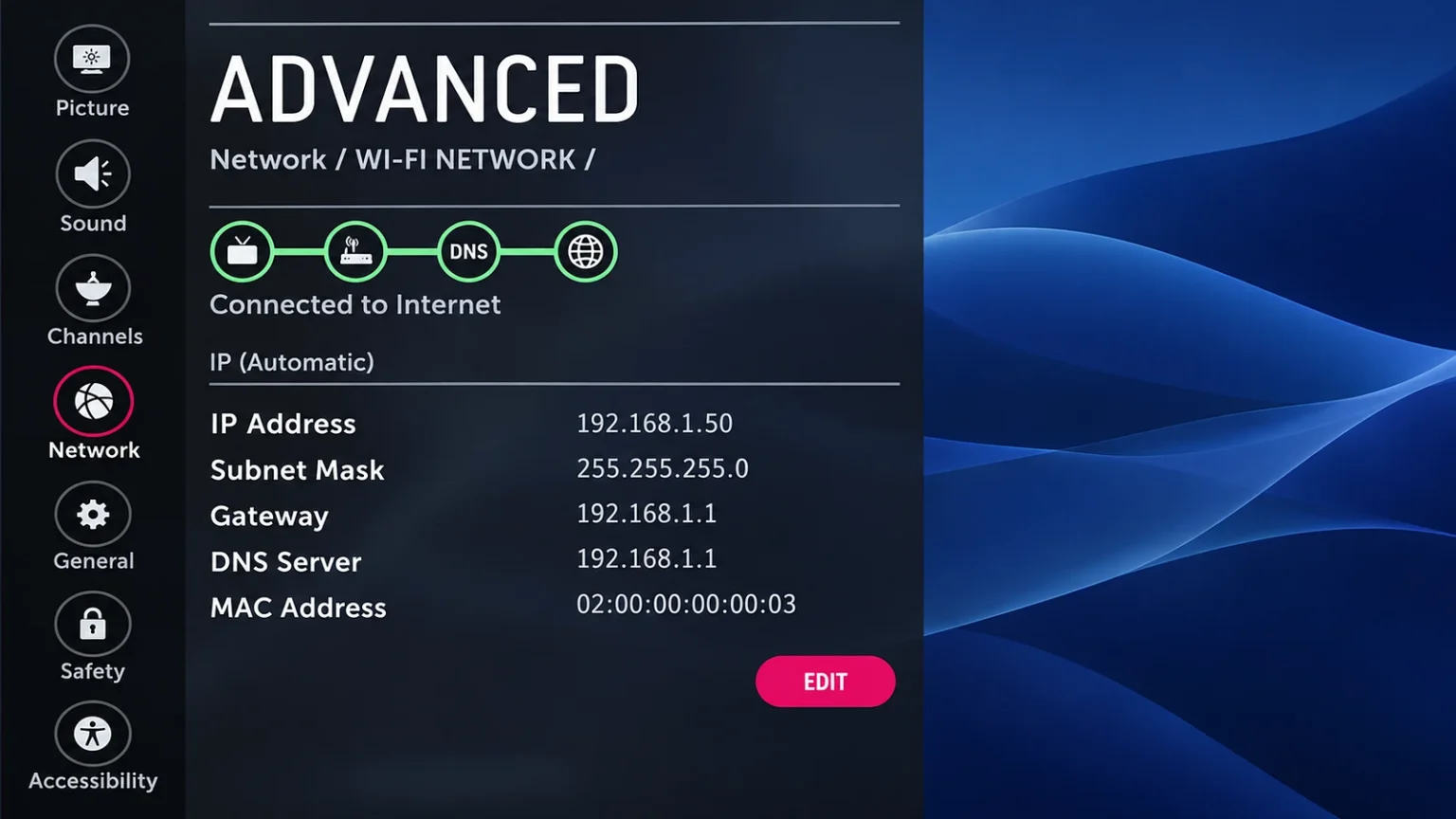 LG TV network settings showing a connection to the internet