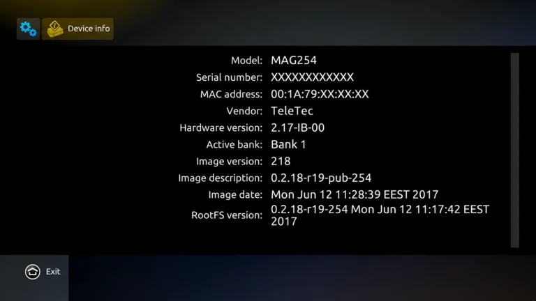 MAG device information screen showing an example MAC-address area