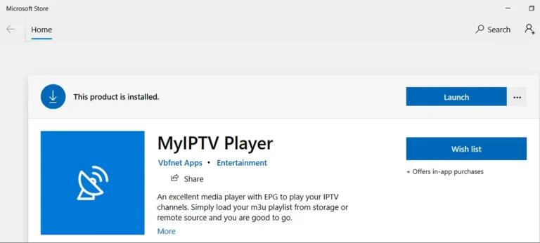 MyIPTV Player installed in the Microsoft Store with the Launch button