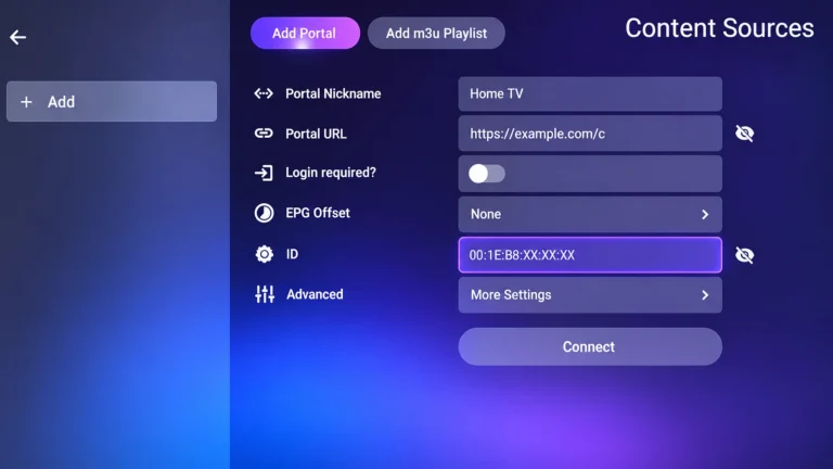 MYTVOnline Add Portal screen showing the device ID area with an example placeholder