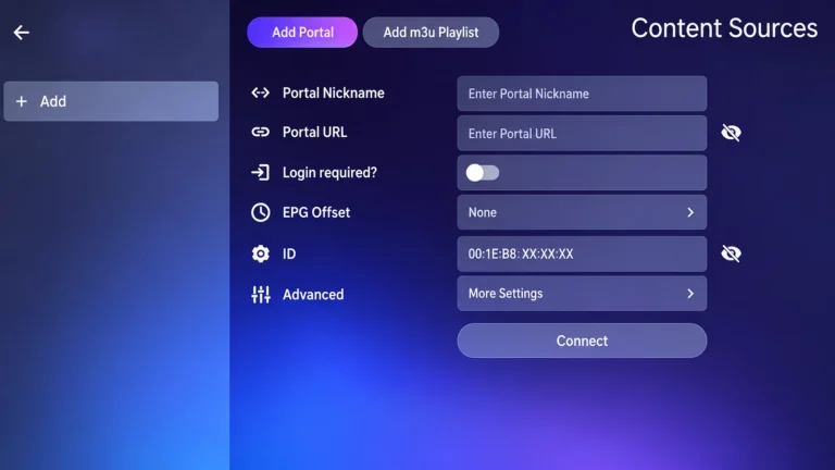 MYTVOnline content sources screen with the Add Portal option