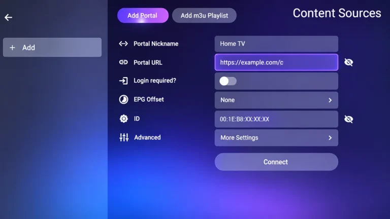 MYTVOnline portal form with a source name and portal URL fields
