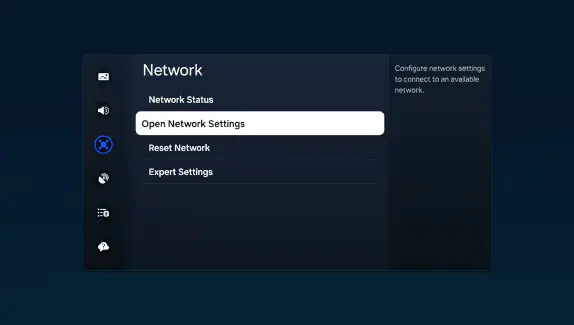 Samsung Smart TV Network settings screen showing Open Network Settings