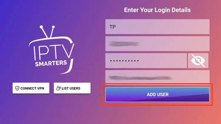 IPTV player menu with an Xtream Codes API login option