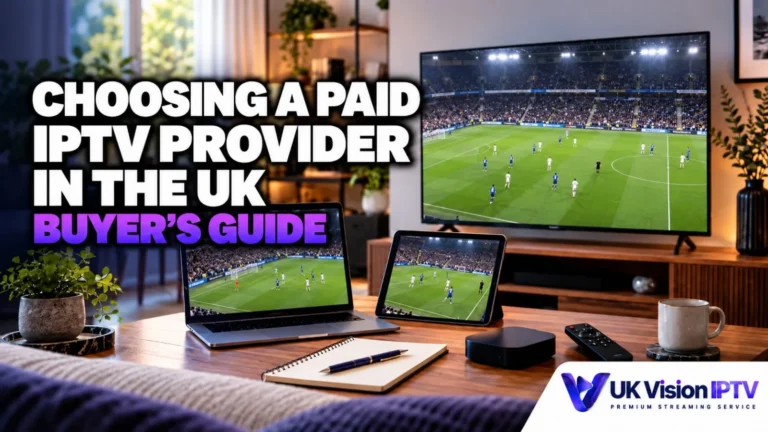 uK Vision IPTV premium streaming service displayed on multiple devices with a sports scene.