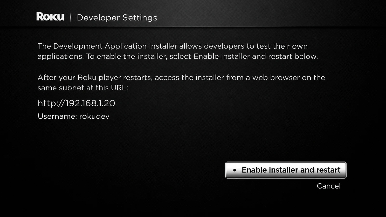 Roku Developer Settings screen with installer controls