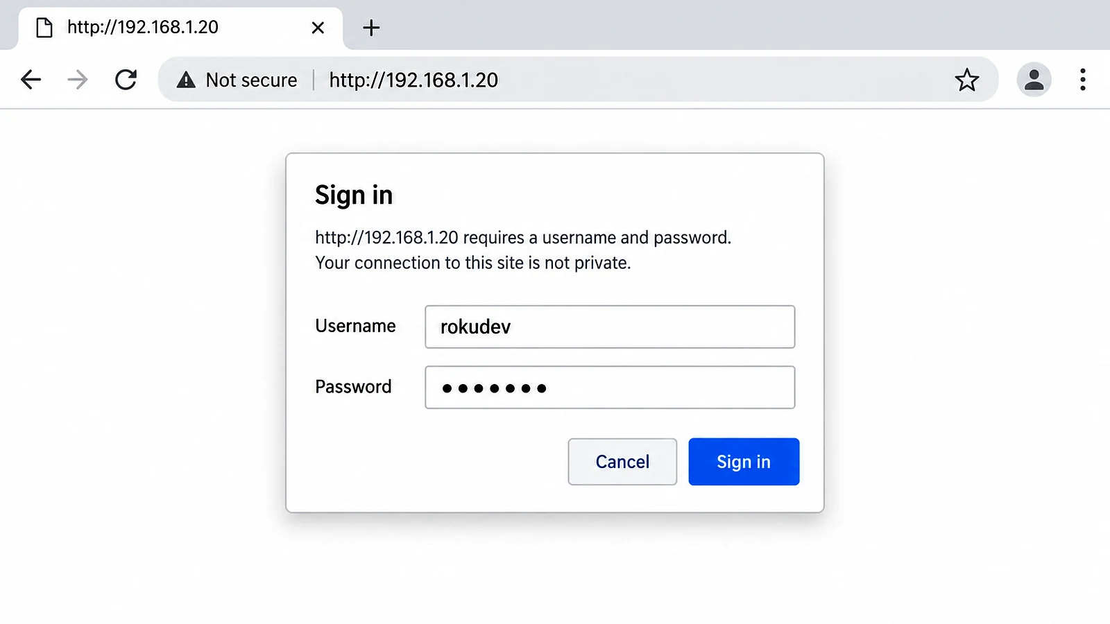Browser sign-in screen for a Roku development device