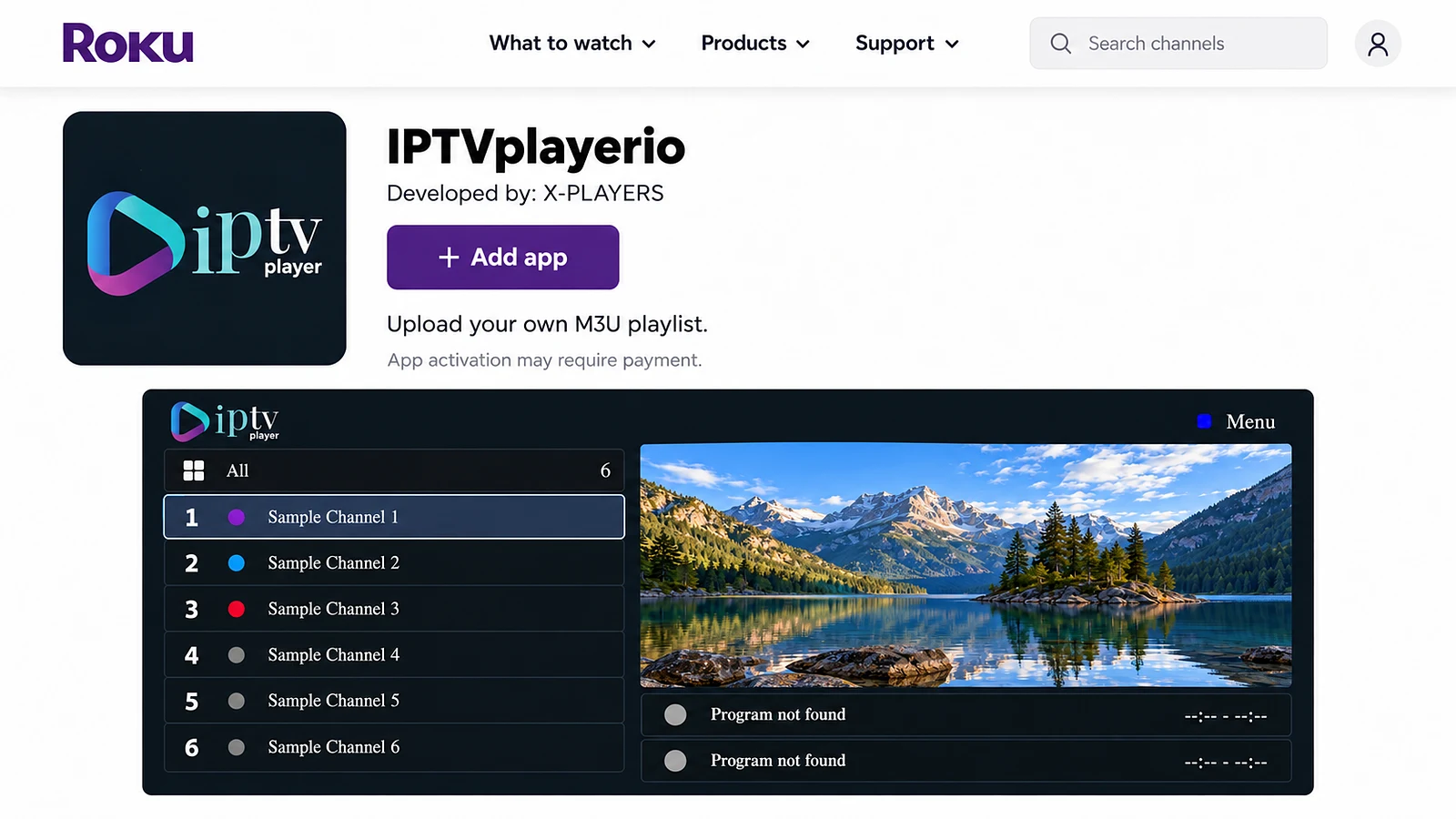 IPTVplayerio Roku Store page with Add app button