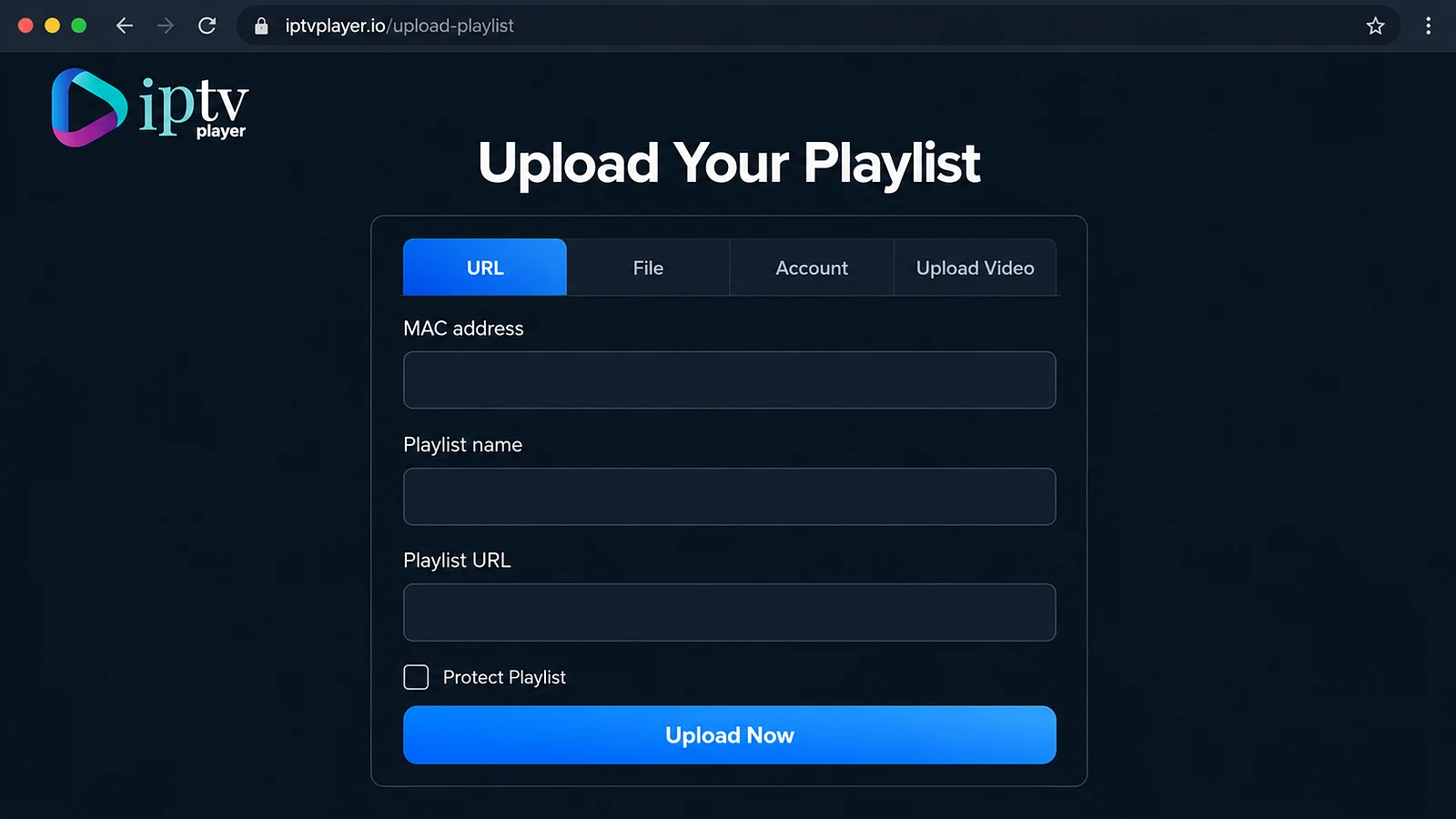 IPTVplayerio screen showing a device MAC address and URL upload option
