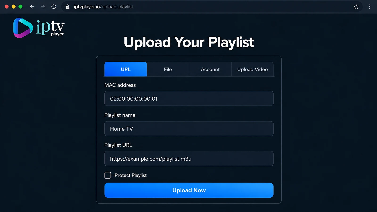 IPTVplayerio playlist upload form with device address and playlist fields