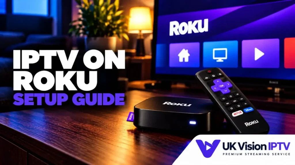 Roku streaming device and remote on a wooden table with a TV display.