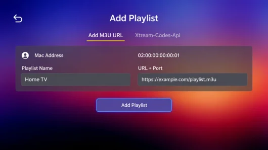 IBO Player Add Playlist form with playlist name and M3U URL fields