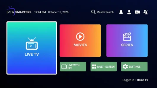 IPTV Smarters home screen with Live TV, Movies and Series categories