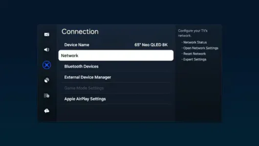 Samsung TV settings screen with Network selected